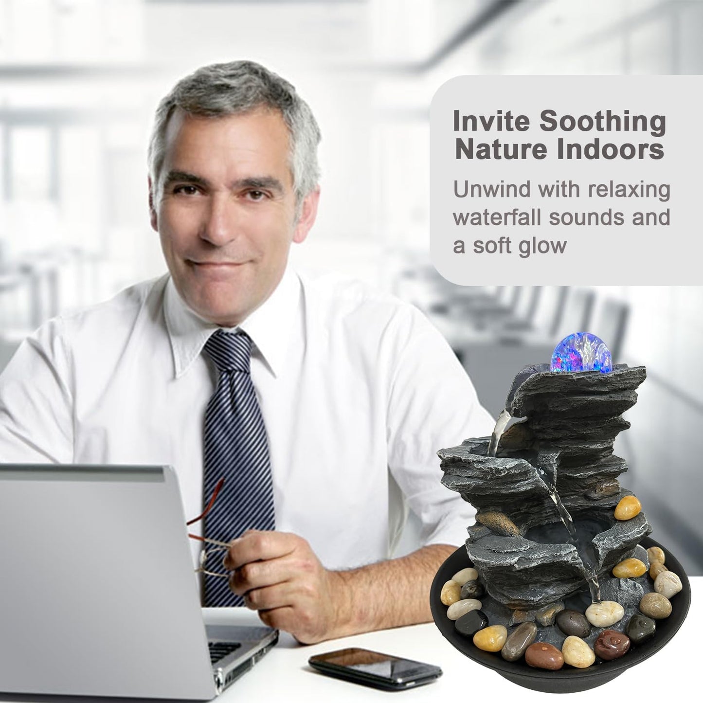 Indoor Tabletop Water Fountain Rotating Ball Rock Waterfall Fountain with Colorful Lights and Natural River Rocks, Zen Meditation for Home Office Decor-VerdiqueGarden