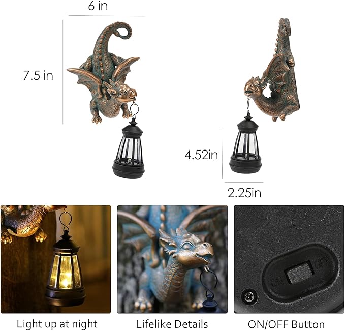 Dragon Solar Garden Statue - Gothic Outdoor Wall Hanging Decor with Solar Light, Fantasy Dragon Figurine for Patio, Yard, or Tree - Unique Whimsical Gift for Adults, Men & Women-VerdiqueGarden