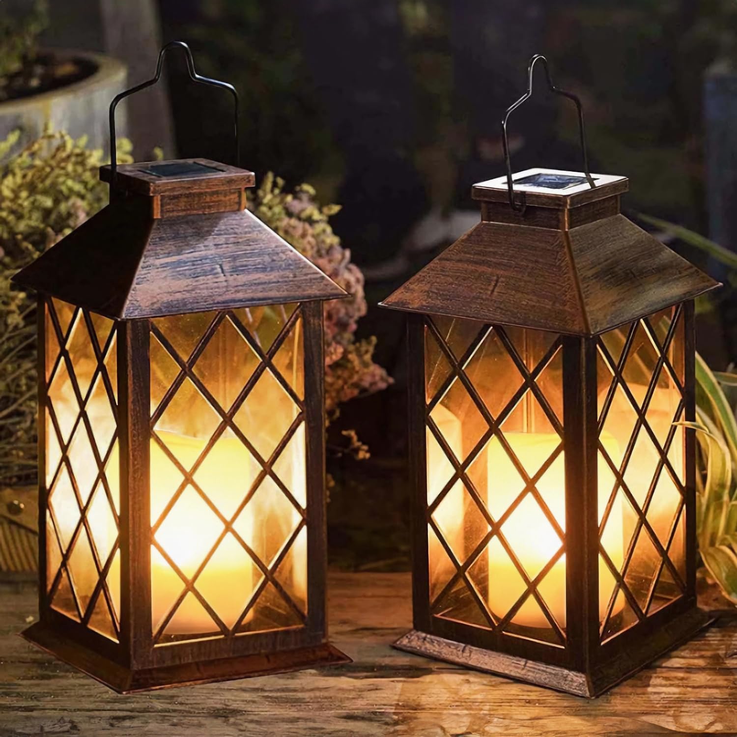 [2 Pack] TAKE ME 14" Solar Lantern Outdoor Garden Hanging Lantern Waterproof LED Flickering Flameless Candle Mission Lights for Table,Outdoor，Mothers Day Gifts Mom Wife-VerdiqueGarden