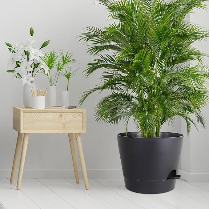 12 inch Large Self Watering Pots for Indoor Outdoor Plants, Flower Plant Pots with Mesh Drainage Holes for Garden House Plants, Plastic Planters with Reservoir for Home Decor, Black-VerdiqueGarden