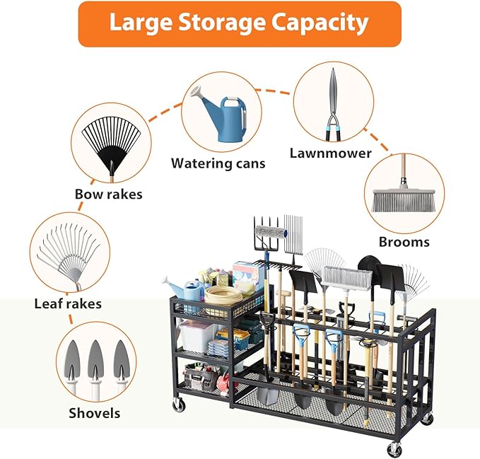 Garden Tool Organizer with Wheels-Movable Garden Tool Rack with Storage Hooks for Long-Handled Tools/Rakes/Brooms/Shovels,Heavy Duty Metal Garden Tool Storage for Garage,Shed,Garden,Black-VerdiqueGarden