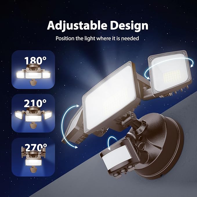 Onforu 65W LED Security Lights Motion Sensor Light Outdoor, 6500LM, 6500K, IP65 Waterproof, Flood Light Outdoor Motion Detector with Adjustable 3 Head, Hardwired Wall Light for Entryway, Yard (Brown)-VerdiqueGarden