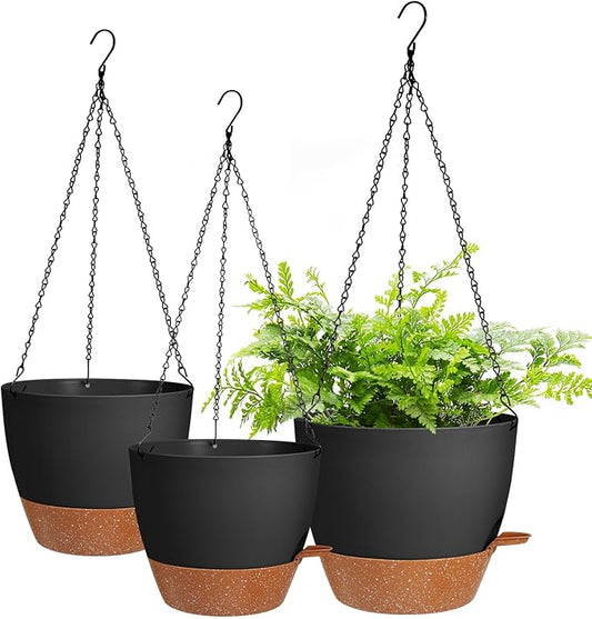 10/9/8 Inch Hanging Planter for Indoor Outdoor Plants, 3 Pack Self-Watering Hanging Pot with Drainage Holes Hanging Planter Baskets Plant Pots with Removable Tray (Black+Brown)-VerdiqueGarden