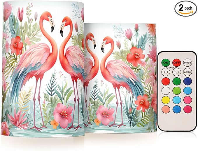 Flickering Flameless Candles, Pink Flamingo Print LED Candles with Remote Timer, Set of 2 Battery Operated Candle for Valentine Wedding Birthday-VerdiqueGarden