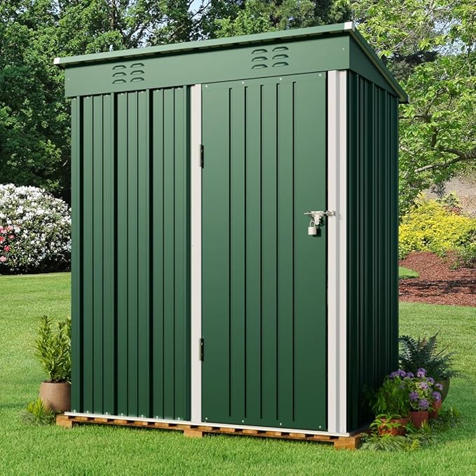 Gizoon 5' x 3'Outdoor Storage Shed with Singe Lockable Door,Galvanized Metal Shed with Air Vent Suitable for The Garden,Tiny House Storage Sheds Outdoor for Backyard Patio Lawn-Green-VerdiqueGarden
