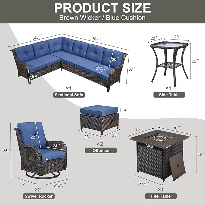 Outdoor Sectional Furniture Sofa Set with Propane Fire Pit Table, Wicker Patio Conversation Set with 2 Swivel Rocker Glider Chairs Blue Cushion Perfect for Backyard Casual Gathering-VerdiqueGarden