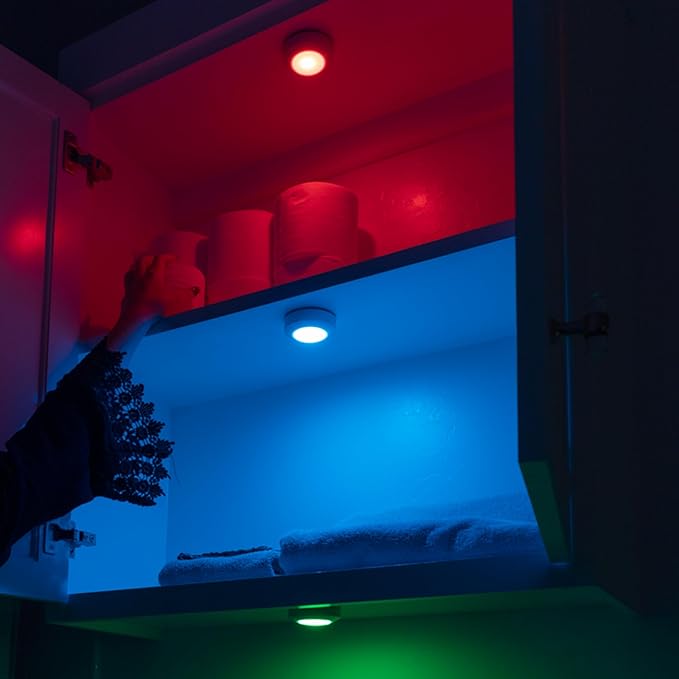 Amazon Basics LED Puck Lights, Color Changing, Battery Operated, IR Remote, 40 Lumens, 2 Pack, Wireless Stick on Lights, Under Cabinet Lighting, Ideal for Closets, and More, White-VerdiqueGarden