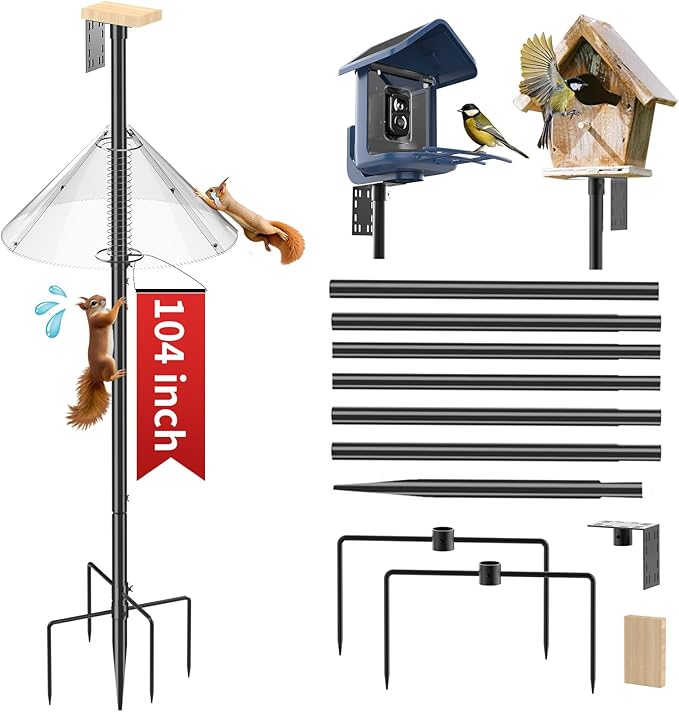 Bird Feeder Pole with Squirrel Baffle - 104 Inch Bird House Pole for Outdoors Heavy Duty, Squirrel Proof Baffle with Stainless Steel Spring for Better Defense, Slip-Fit Connection-VerdiqueGarden