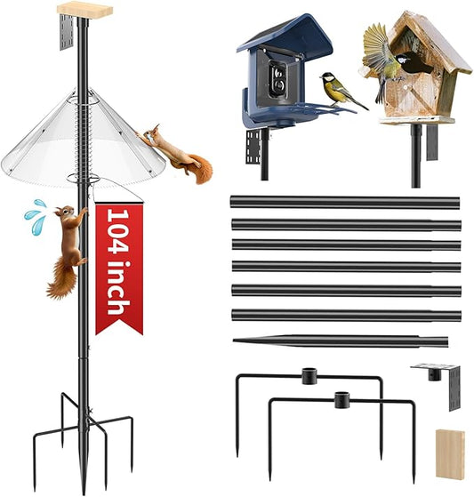 Bird Feeder Pole with Squirrel Baffle - 104 Inch Bird House Pole for Outdoors Heavy Duty, Squirrel Proof Baffle with Stainless Steel Spring for Better Defense, Slip-Fit Connection-VerdiqueGarden