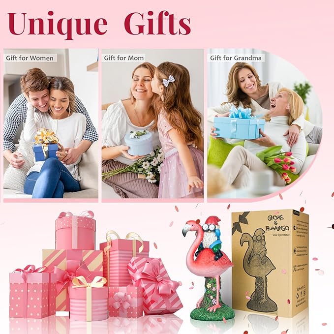 Solar Flamingo Gnome Garden Decor Statue, Outdoor Funny Solar Light Decoration for Yard, Patio, Lawn, Unique Housewarming, Birthday Gift for Women, Mom, Grandma-VerdiqueGarden