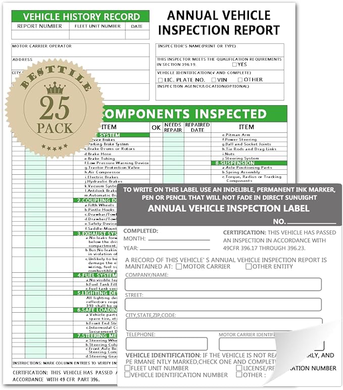 Annual Vehicle Inspection Report Form Dot Annual Inspection Forms and Stickers, 25-pk 3-Ply Carbonless Adhesive Vinyl Label 2-Ply, Driver Vehicle Inspection Report Book for Truck Drivers-VerdiqueGarden