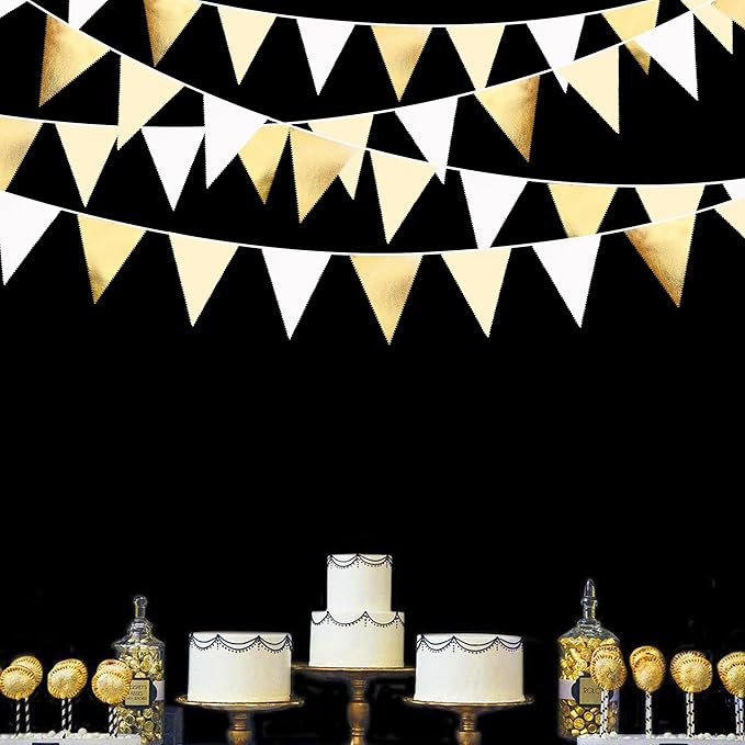 White and Gold Party Decorations Gold Beige White Fabric Triangle Pennant Banner Flag Bunting Garland for Graduation Wedding Birthday Bridal Shower Anniversary Engagement Baptism Party Supplies-VerdiqueGarden