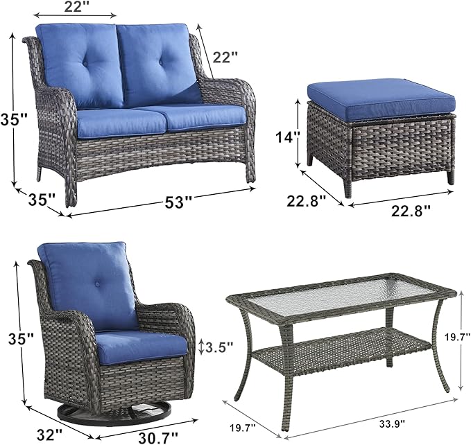 Outdoor Wicker Patio Furniture Set - 6 Piece Rattan Patio Conversation Set with 2 Rocking Swivel Chairs,2 Ottomans,1 Loveseat and 1 Coffee Table for Porch Deck Backyard Garden(Mixed Grey/Blue)-VerdiqueGarden