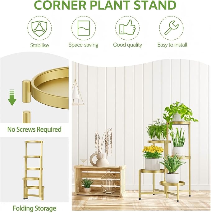 iDavosic.ly 5 Tier Large Plant Stand Indoor, 10 Inch Wide Tall Corner Metal Plant Stands Outdoor for Multiple Plants, Folding Tiered Flower Display Holder Rack Shelf, Gold-VerdiqueGarden