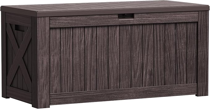 Greesum 120 Gallon Outdoor Storage Box with Lock - Large Resin Deck Box, Reinforced Lid for Garden, Patio, Lawn, Brown-VerdiqueGarden