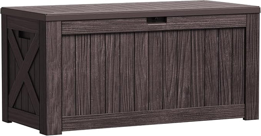 Greesum 120 Gallon Outdoor Storage Box with Lock - Large Resin Deck Box, Reinforced Lid for Garden, Patio, Lawn, Brown-VerdiqueGarden