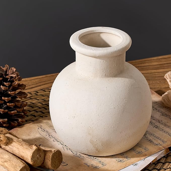 SIDUCAL Ceramic Rustic Farmhouse Vase | 6 Inch Pottery Decorative Boho Flower Vase for Home Decor, Table, Living Room, Bathroom Decoration, Shelf Decor, Mantel, Wedding, White-VerdiqueGarden