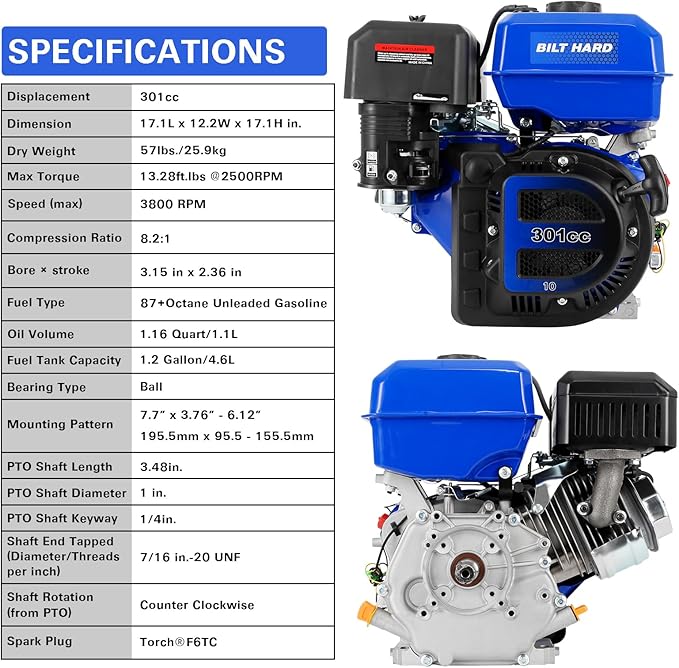 BILT HARD 301cc 10HP Gas Powered Engine, Horizontal 4 Stroke OHV Gas Motor, Shaft 1" Diameter, 3.48" Length, 1/4" Keyway, Replacement for Compressor, Log Splitter-VerdiqueGarden