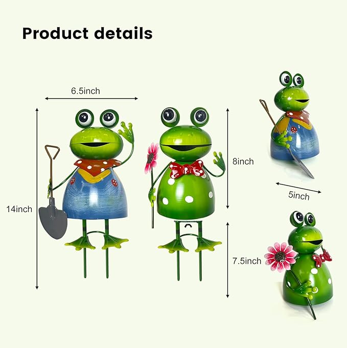 HONGLAND Metal Yard Art Garden Decor for Outside - Cute Frog Outdoor Decor - 3D Spring Frogs Figurine Garden Sculptures & Statues - Gifts for Grandma Mom - 2 Pcs-VerdiqueGarden