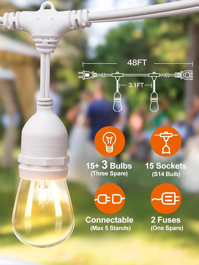 addlon 48 FT Outdoor String Lights Commercial Grade Weatherproof, 18 Edison Vintage Bulbs, 15 Hanging Socketsand 3 Spare Bulbs, ETL Listed Decorative Cafe Patio Lights for Bistro Garden, White-VerdiqueGarden