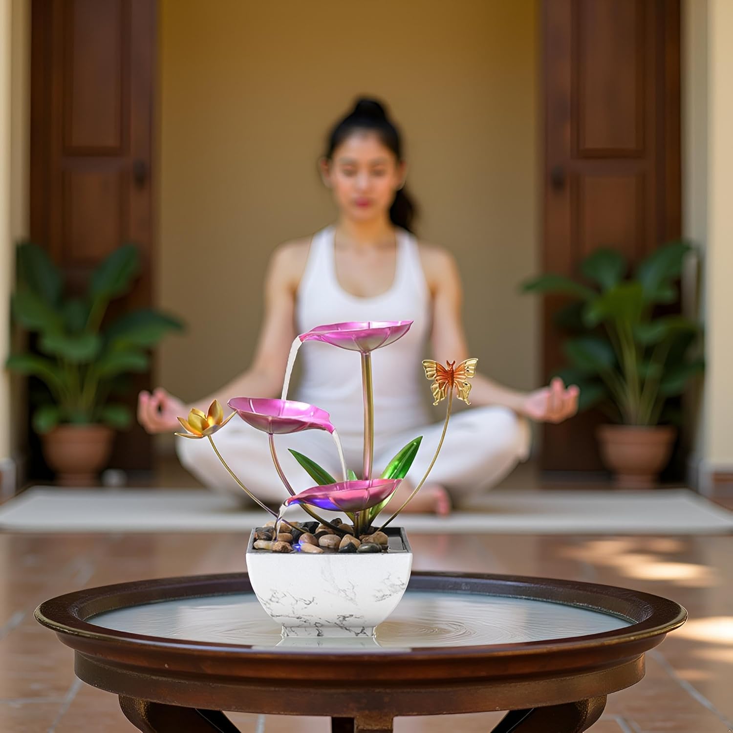 Pink Tabletop Water Fountain, USB Desktop Sleep Waterfall, Women Office Decor, Zen Garden for Desk-VerdiqueGarden