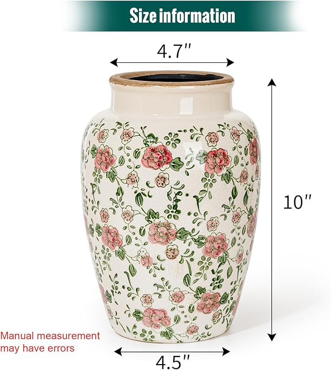 Sungmor Ceramic Flower Vase, Vintage Ice Cracked Glaze Porcelain Vase, Pretty Home Decor Vase for Flower Arrangement, Fresh Flowers, 10.2 Inch Tall Chinoiserie Pottery Vase, Pink Floral Pattern-VerdiqueGarden