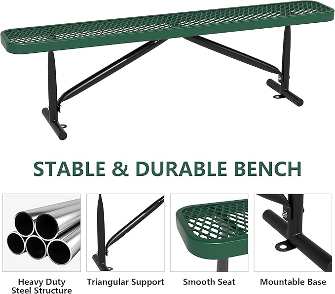 72" L Outdoor Steel Flat Bench, Heavy Duty Metal Park Bench for Outside, Expanded Metal, Commercial Benches Mesh Bench for Shopping Mall, Store, Lawn, Park, Patio, Deck, Garden (Green, 6FT)-VerdiqueGarden