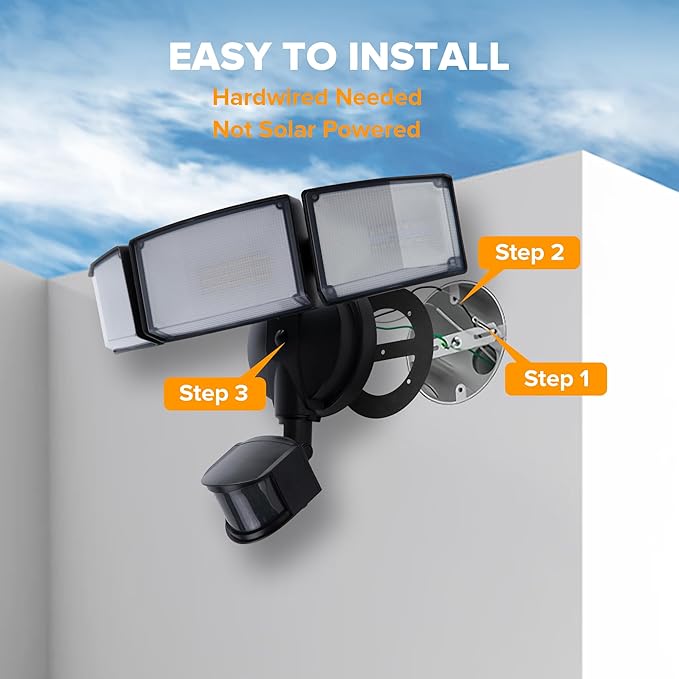 UME 2 Pack 5500LM LED Security Lights Motion Sensor Light Outdoor, 49W, 5000K Daylight, IP65 Waterproof, Dusk to Dawn, 3 Head Motion Detected Flood Light for Garage, Yard, Porch (Black)-VerdiqueGarden