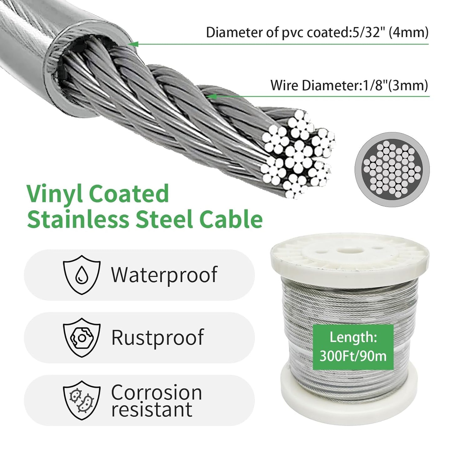 5/32" Wire Cable Rope Kit ，Vinyl Coated 304 Stainless Steel Wire – 300FT 7x7 Strand Cable with Turnbuckles，Shade Sail & Hanging Lights Hardware Kit for Outdoor, Garden,Patio, Crafts, Hanging Lights-VerdiqueGarden
