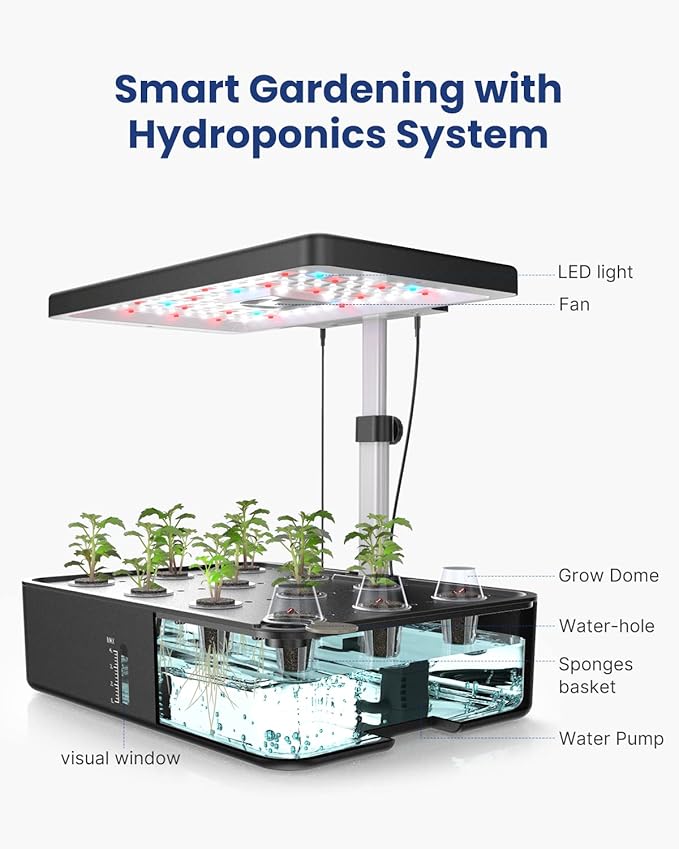 iDOO Hydroponics Growing System Kit 12Pods, Gardening Gifts for Women Mom, Indoor Herb Garden with LED Grow Light, Built-in Fan, Auto-Timer, Adjustable Height Up to 11.3", 12Pods-Black-VerdiqueGarden
