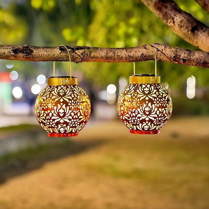 2 Pack Outdoor Solar Hanging Lantern Lights Metal LED Decorative Lamp for Garden Patio Courtyard Lawn and Table with Hollowed-Out Design (Sunset Blaze)-VerdiqueGarden