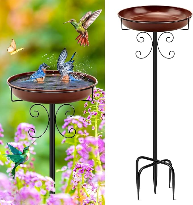 Daoeny Heavy Duty Bird Baths for Outdoors, 35In Outdoor Freestanding Birdbaths & Birdfeeder, Bird Bath Feeder Bowl with Metal Stake Garden Patio Yard Lawn Decor, Upgraded 5-Pronged Base (Brown)-VerdiqueGarden