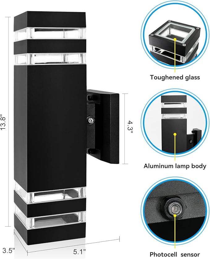 4 Pack LED Up Down Porch Wall Light, Modern Dusk to Dawn Outdoor Lighting, Aluminum IP65 Waterproof Exterior Light Fixture, Square Wall Light Sconce for Patio House-VerdiqueGarden