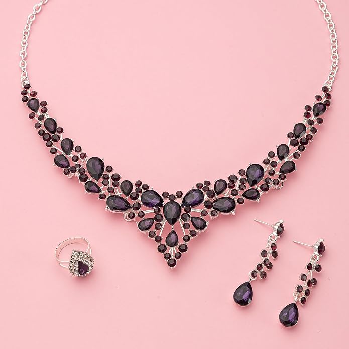 Crystal Bridal Wedding Jewelry Sets for Women Rhinestone Teardrop Crystal Statement Choker Necklace Drop Earrings Link Bracelets Rings Teardrop Jewelry Set for Brides Bridesmaids