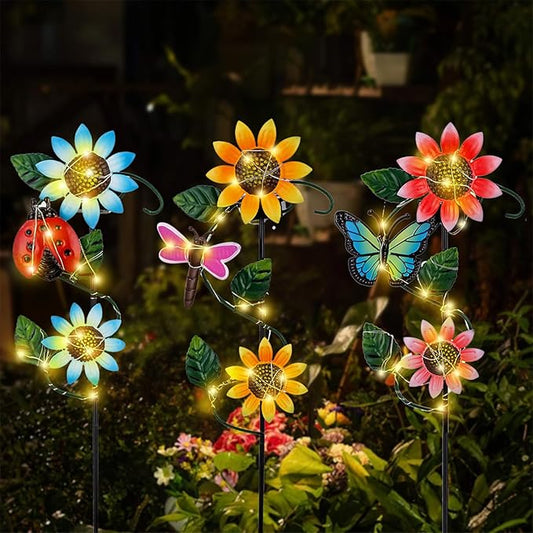 3 Pack Solar Garden Light, Sunflower & Insect Metal Solar Stake Lights, Outdoor Statues Figurine Lights for Spring Garden Lawn Patio Yard Decor-VerdiqueGarden