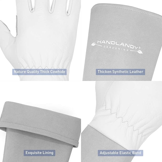 HANDLANDY Long Gardening Gloves for Men & Women, Thorn Proof Rose Pruning Gloves Leather Gauntlets Garden Glove Yard Work Glove (Small, Grey)-VerdiqueGarden