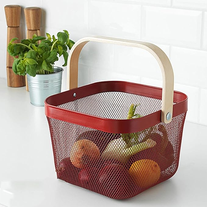 Metal Mesh Steel Basket, Storage Organizer Basket Multi-functional Hanging Kitchen Baskets Fruit Basket Bin with Bamboo Handle for Kitchen Bathroom Picnic Shopping Decor Cabinet Home, Red-VerdiqueGarden