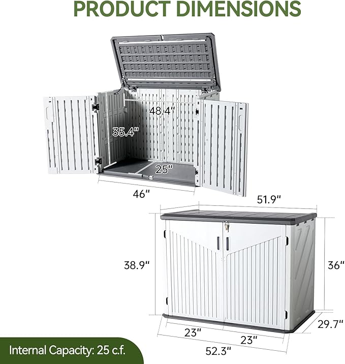 Aoxun 35 Cu.Ft Outdoor Storage Shed, Waterproof Horizontal Resin Cabinet for Trash Cans, Lawn Mowers, Generators, and Garden Tools, White-VerdiqueGarden