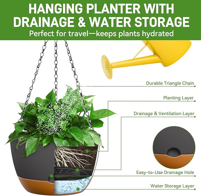 10 Inch Hanging Planters for Indoor & Outdoor Plants (2 Pack) - Self-Watering & Drainage Flower Pots with 2 Kinds of Plant Hangers for Home Decor & Garden (Deep Gray, 10 in)-VerdiqueGarden