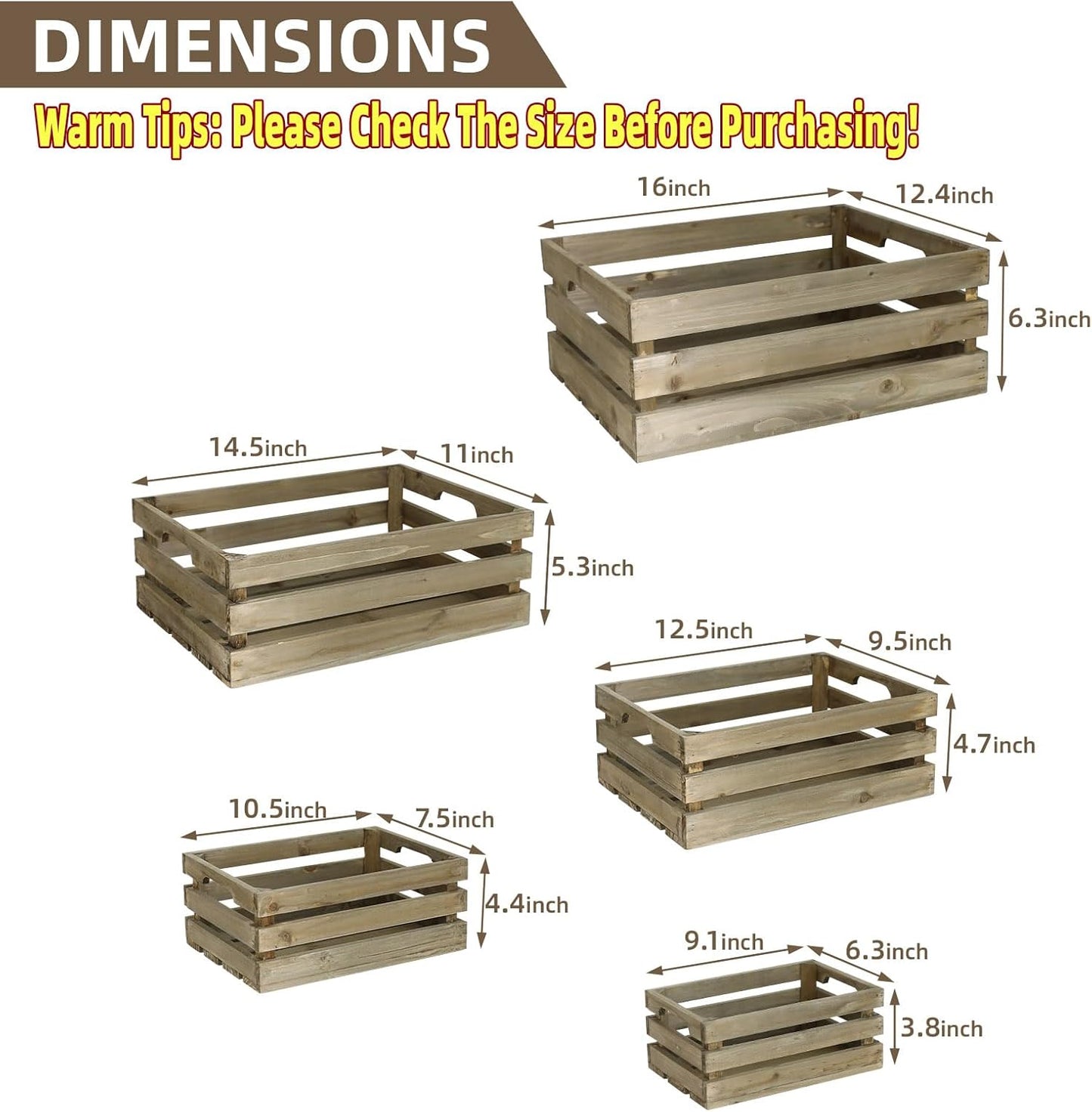 5-Piece Farmhouse Wooden Crate Set - Rustic Wooden Crates for Display and Storage, Large Grey Decorative Crates, Farmhouse Apple Crates, Painted Wood Crates for Decor-VerdiqueGarden