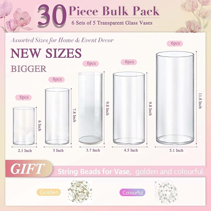 30pcs 11.8Inch Large Size Glass Vase Cylinder for Centerpieces Small Flower Glass Clear Home Decor Centerpiece Table Flower Vase Decorations for Wedding＆Holiday 6,7.9,10,10,11.8Inch Tall-VerdiqueGarden