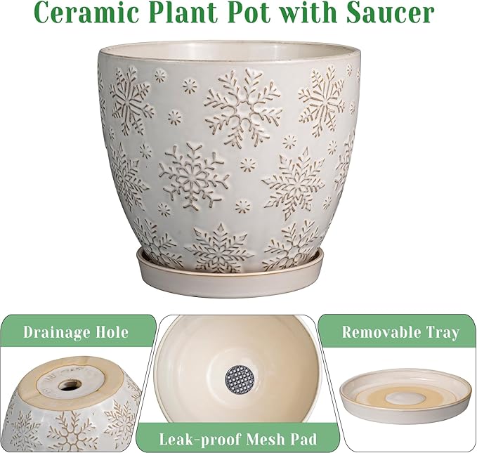 10 Inch Ceramic Planter Pot Large Plant Pot for Indoor Plants Outdoor Round Flower Pot with Drainage Hole and Saucer for Home Garden Decor White-VerdiqueGarden