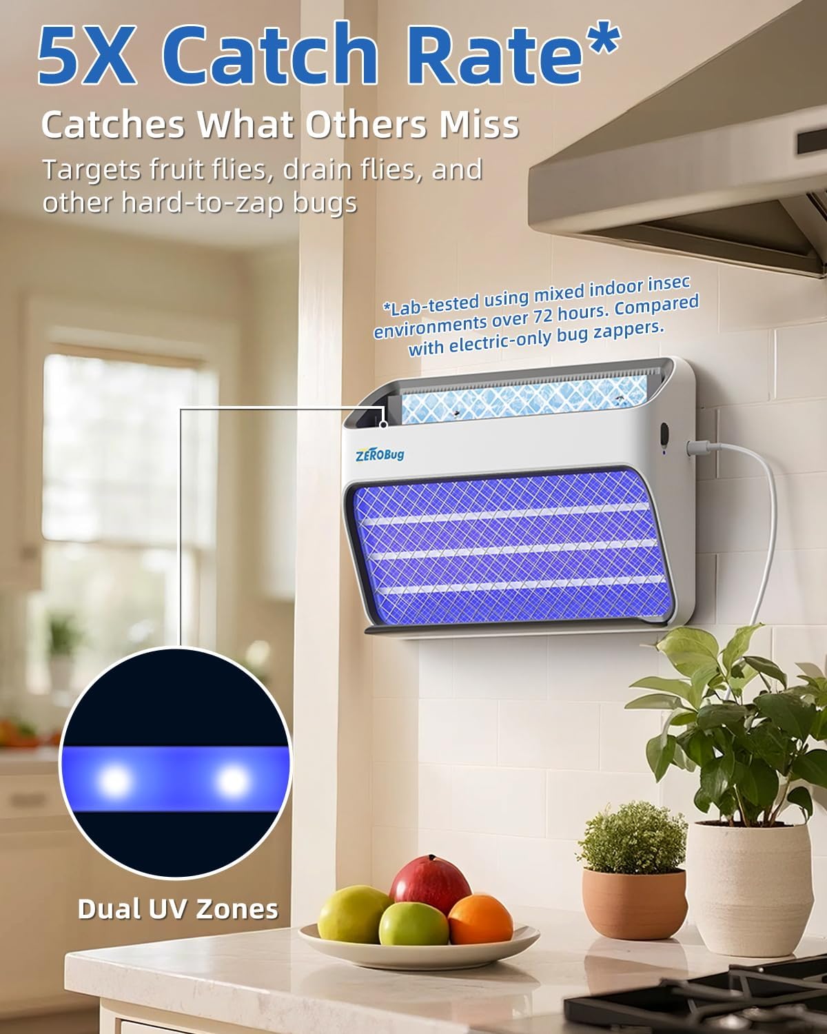 2025 Bug Zapper & Trap Indoor, 5X Catcher Rate Fly Killer, USB-C Powered Electric Mosquito Zapper with Long-Life UV LED, Fruit Fly Trap for Home, Kitchen, Bedroom, 1 Device & 3 Traps-VerdiqueGarden