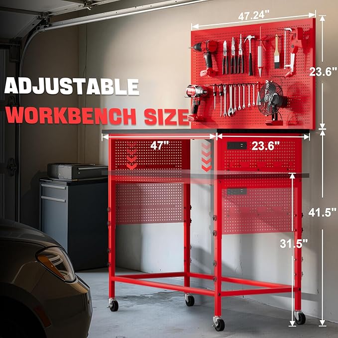 47" Heavy Duty Adjustable Workbench with Power Outlets, Pegboard & Locking Wheels - 2100LB Capacity Garage Work Table, Compatible with Milwaukee Battery, Reinforced Steel Frame for Workshop & Home Use-VerdiqueGarden