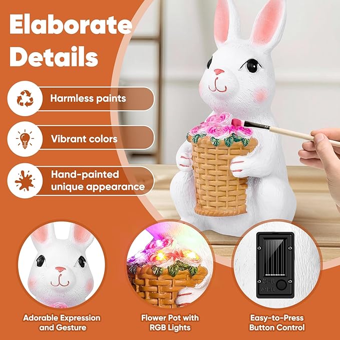 Brightever Solar Powered Garden Statues- Bunny Figurines for Spring & Easter Decor, Outdoor Rabbit Statue with Colorful LED Lights for Patio, Balcony, Lawn, Birthday Gifts for Women, Mom, Grandma-VerdiqueGarden