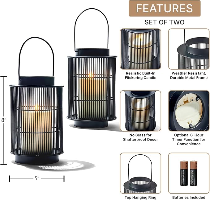 LampLust Outdoor Lantern Decorative Outdoor Patio Decor, Set of 2, 8 Inch Candle Lanterns, Black Metal, Outdoor Lanterns for Patio Waterproof, Battery Included, Modern Farmhouse Front Porch Décor-VerdiqueGarden