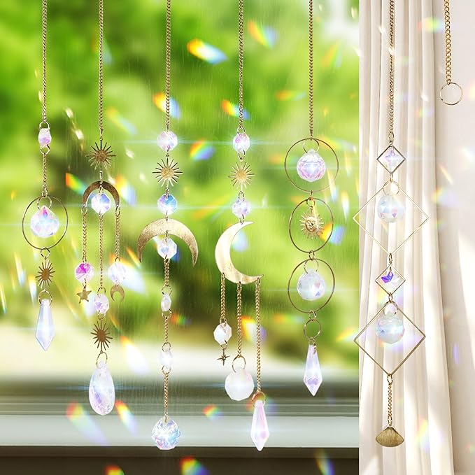 BBdis 6Pieces Crystals Suncatcher, Hanging Sun Catchers with Chain Pendant Ornament Colorful Crystal Suncatchers Prisms for Window Home Wedding Party Christmas Garden Decor-VerdiqueGarden