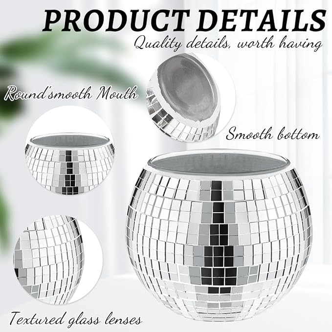 2 Pcs Disco Ball Vase, 5 x 6 Inch Mirrored Disco Ball Planters Perfect for Decorative Living Room, Bedroom, Dining Table, Wedding, Party, Birthday-VerdiqueGarden