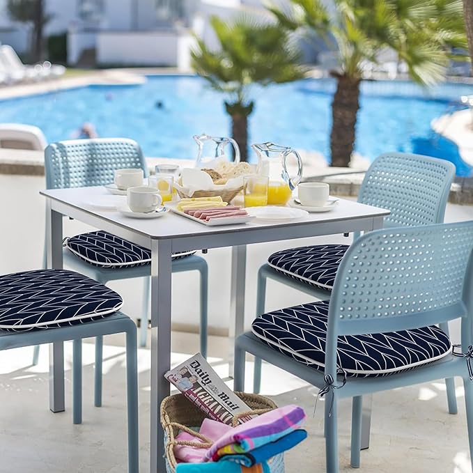 Indoor/Outdoor Chair Cushions 16x17 Inch, Patio Chair Cushions with Ties, All Weather Seat Cushions for Patio Furniture Home Garden Chair Use, Set of 4, Herringbone Navy-VerdiqueGarden