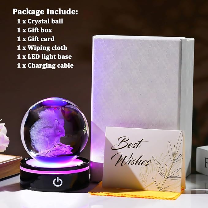 YWHL 3D Squirrel Figurine Crystal Ball with Colorful Light Base, Squirrel Gifts for Women Men on Christmas Birthday, 3D Laser Engraved Squirrel Ornament Glass Decorative Ball for Home Decor (80mm)-VerdiqueGarden